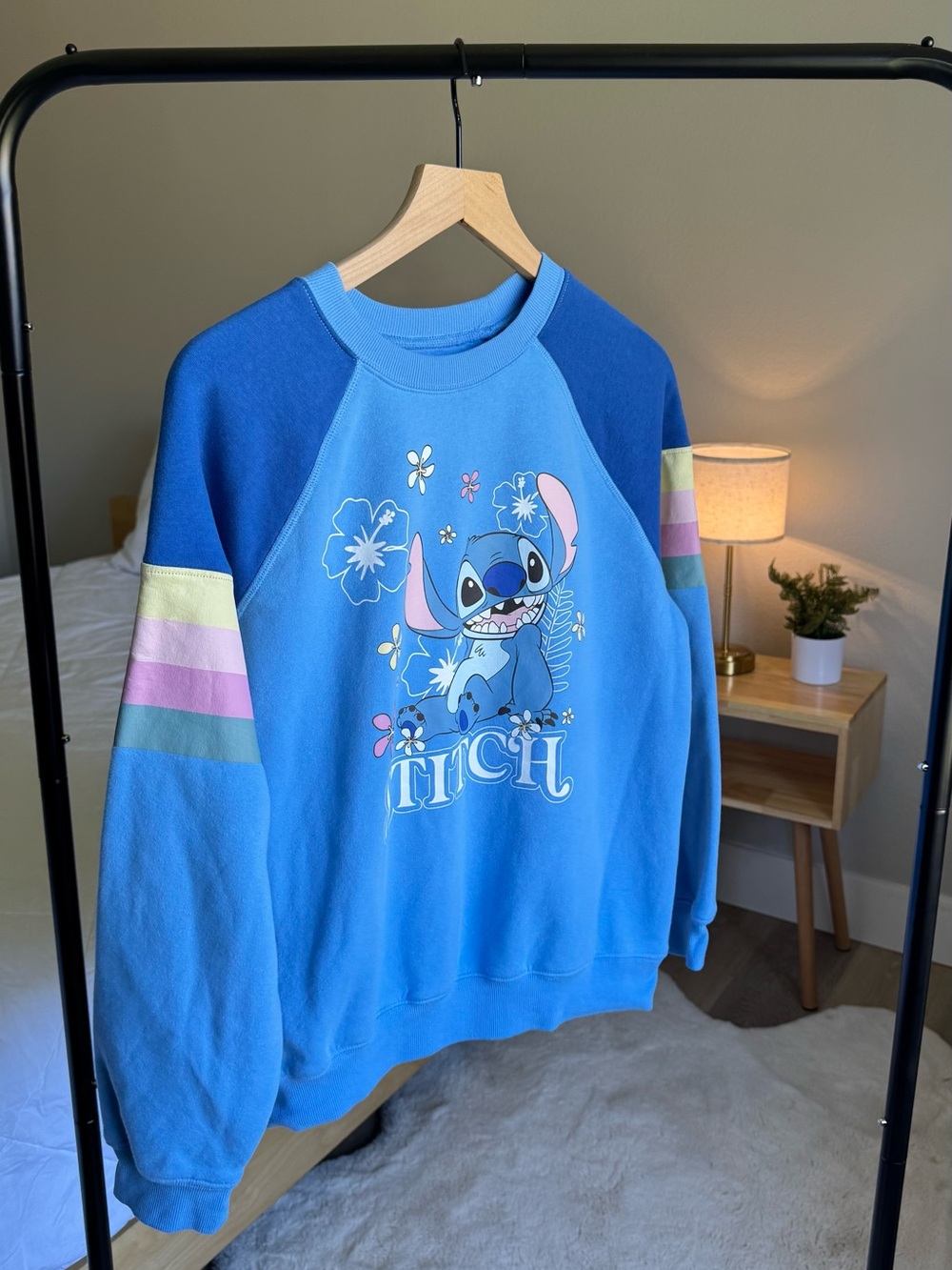 Disney Blue Stitch Crewneck Sweatshirt with Pastel Stripe Sleeves